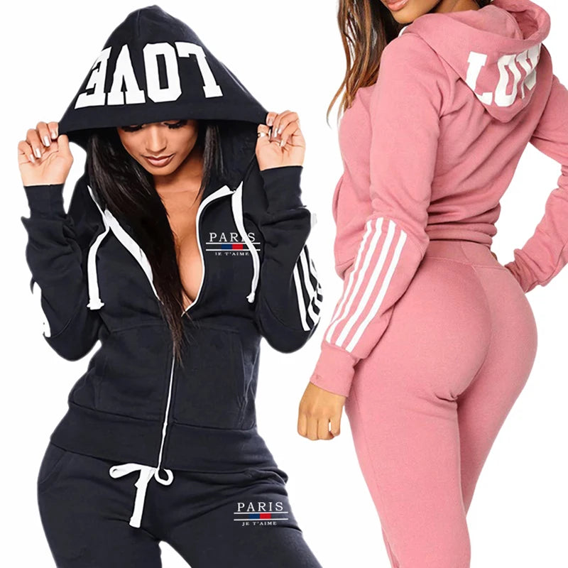 Casual Women's Tracksuit Printing Zipper Hooded Sweatshirt Sweatpants Set Sports Jogging Woman Clothing Morning Run Sportswear.