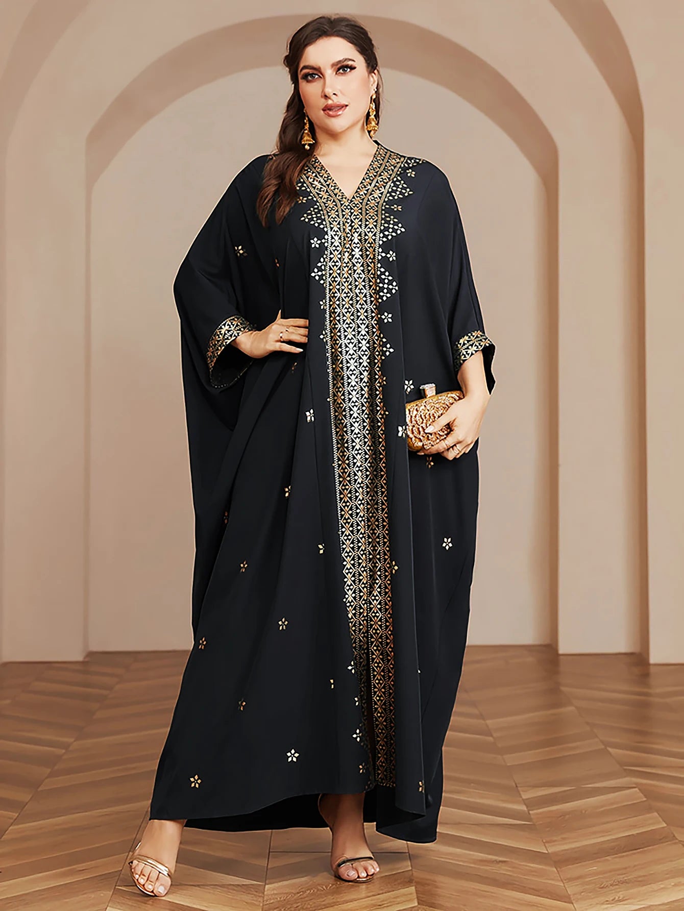 Wow! Langarm-Abaya in Übergröße mit Goldfolie – atemberaubendes arabisches Kleid, steigern Sie Ihren Stil für jede Veranstaltung!.