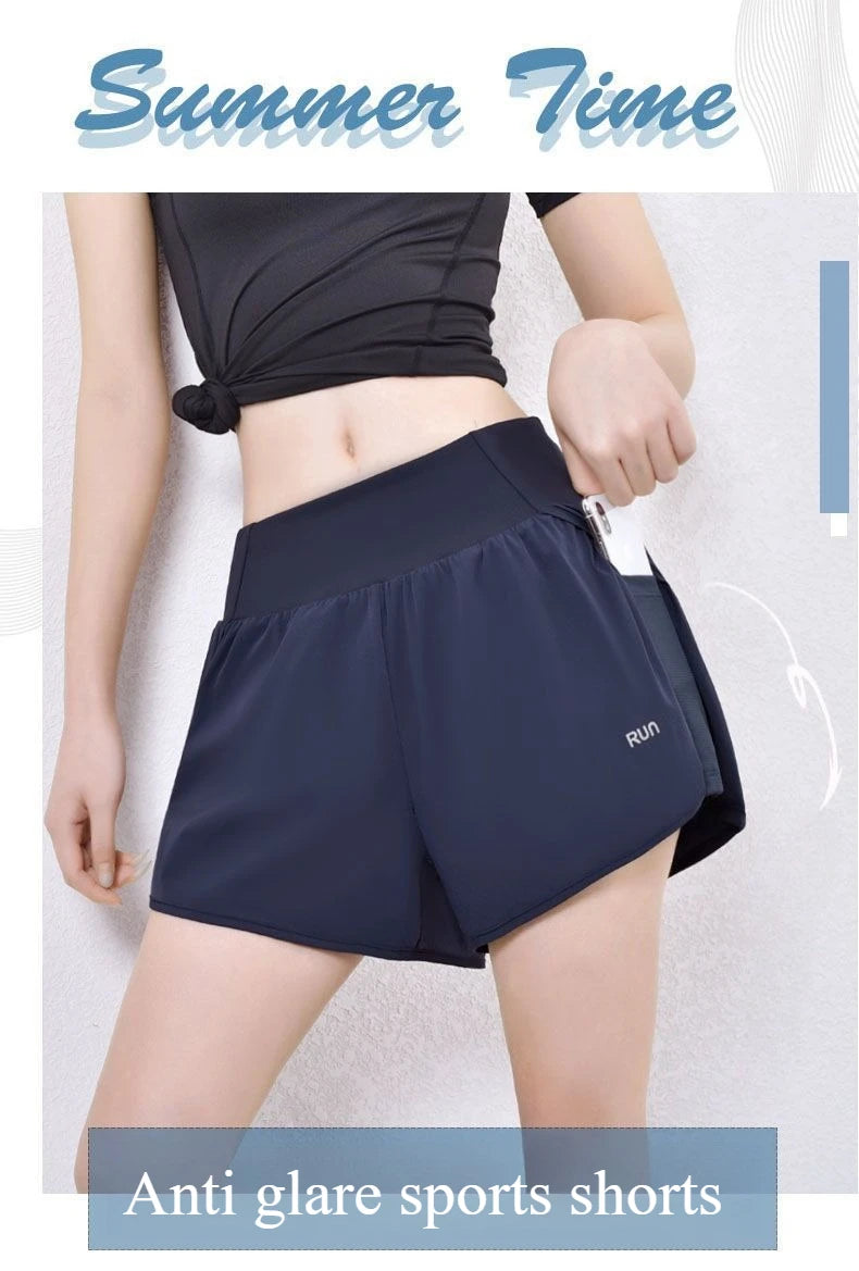 Women Yoga Pocket Shorts Fake Two Piece Anti Peek Shorts High Elastic Loose Fashion Casual Gym Trainning Three Point Pants.