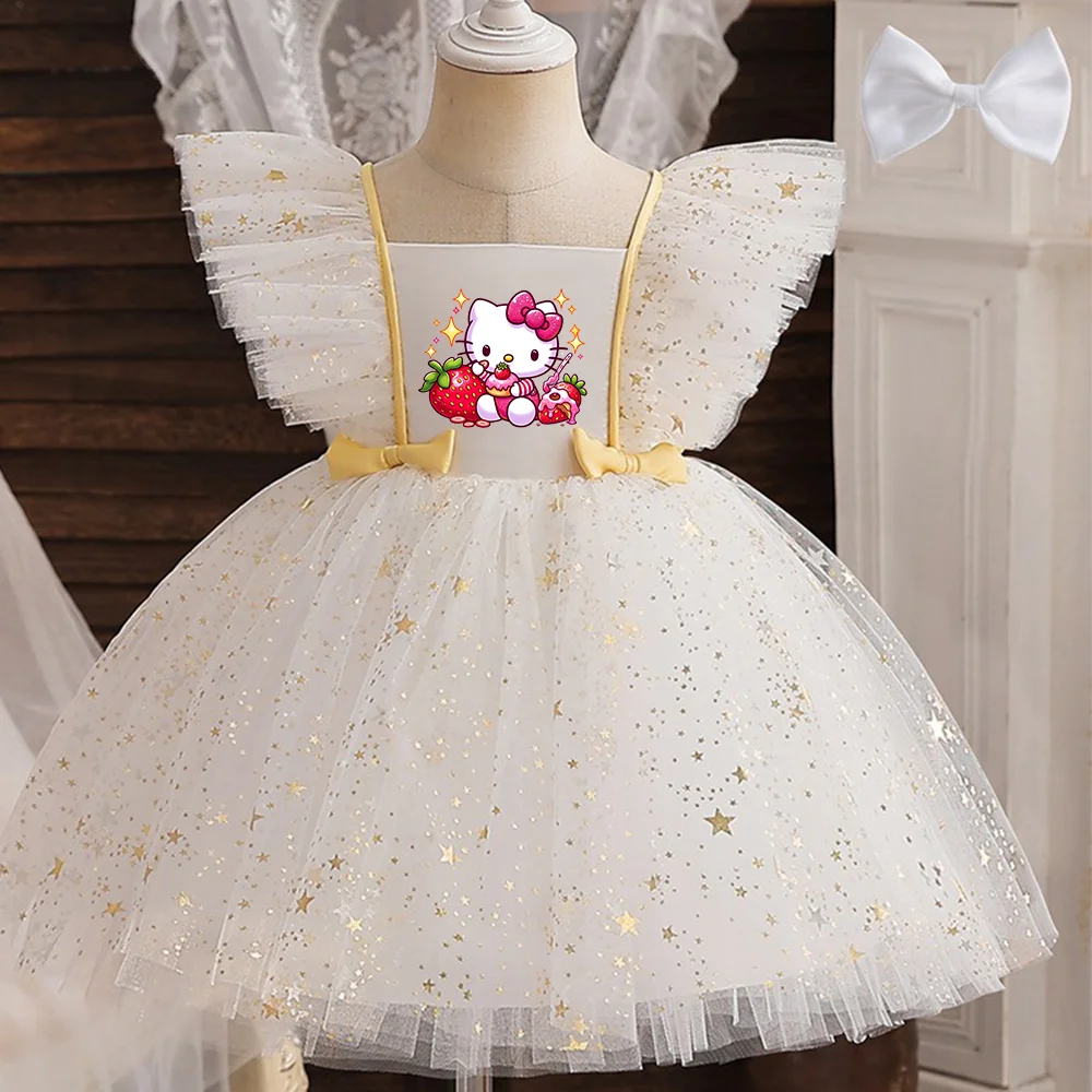 Hello Kitty Prinzessinnenkleid für Mädchen, Pailletten, Stern, Rüschen, Schleife, Tutu-Kleid, Baby, formelles Gala-Abschlussballkleid, Kinder-Abendparty-Kostüm.