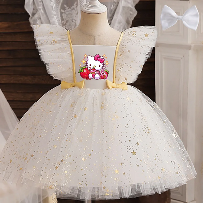 Hello Kitty Prinzessinnenkleid für Mädchen, Pailletten, Stern, Rüschen, Schleife, Tutu-Kleid, Baby, formelles Gala-Abschlussballkleid, Kinder-Abendparty-Kostüm.