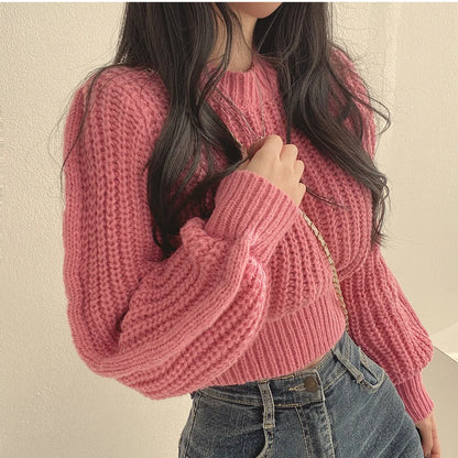 Koreanische Lose Langarm Pullover Mode Frauen Harajuku Laterne Stricken Oansatz Solide Grund Jumper Herbst Winter Weiche Warme Pullover.
