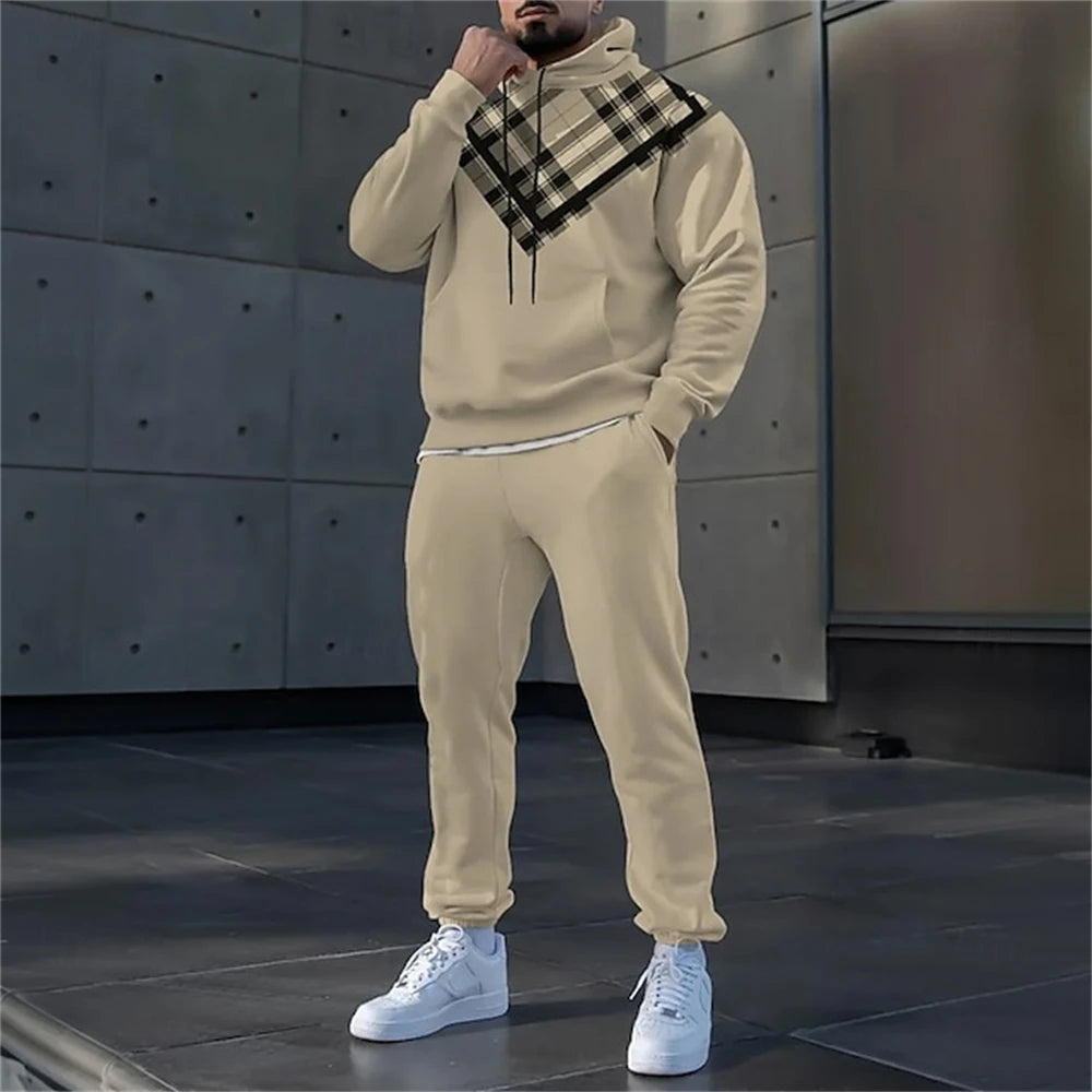 Simple Stripe Print Men's Hoodies Sets Autumn Winter Casual Sweatshirt Pants 2 Piece Fashion Tracksuits Outdoor Street Clothing.