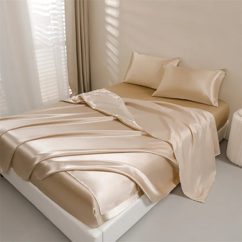 Satin Bed Sheets, Queen Size Sheets Set, 4 Pcs Silky Bedding Set   1 Deep Pocket Fitted Sheet + 1 Flat Sheet + 2 Pillowcases.