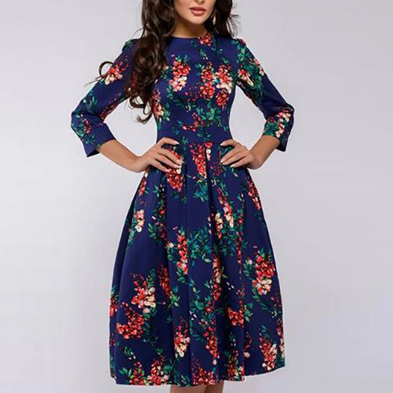 2023 frühling AutumnOffice Dame Knie Länge Elegante Vintage Langarm Party Kleider Frauen Floral Bedruckte Kleid Neue