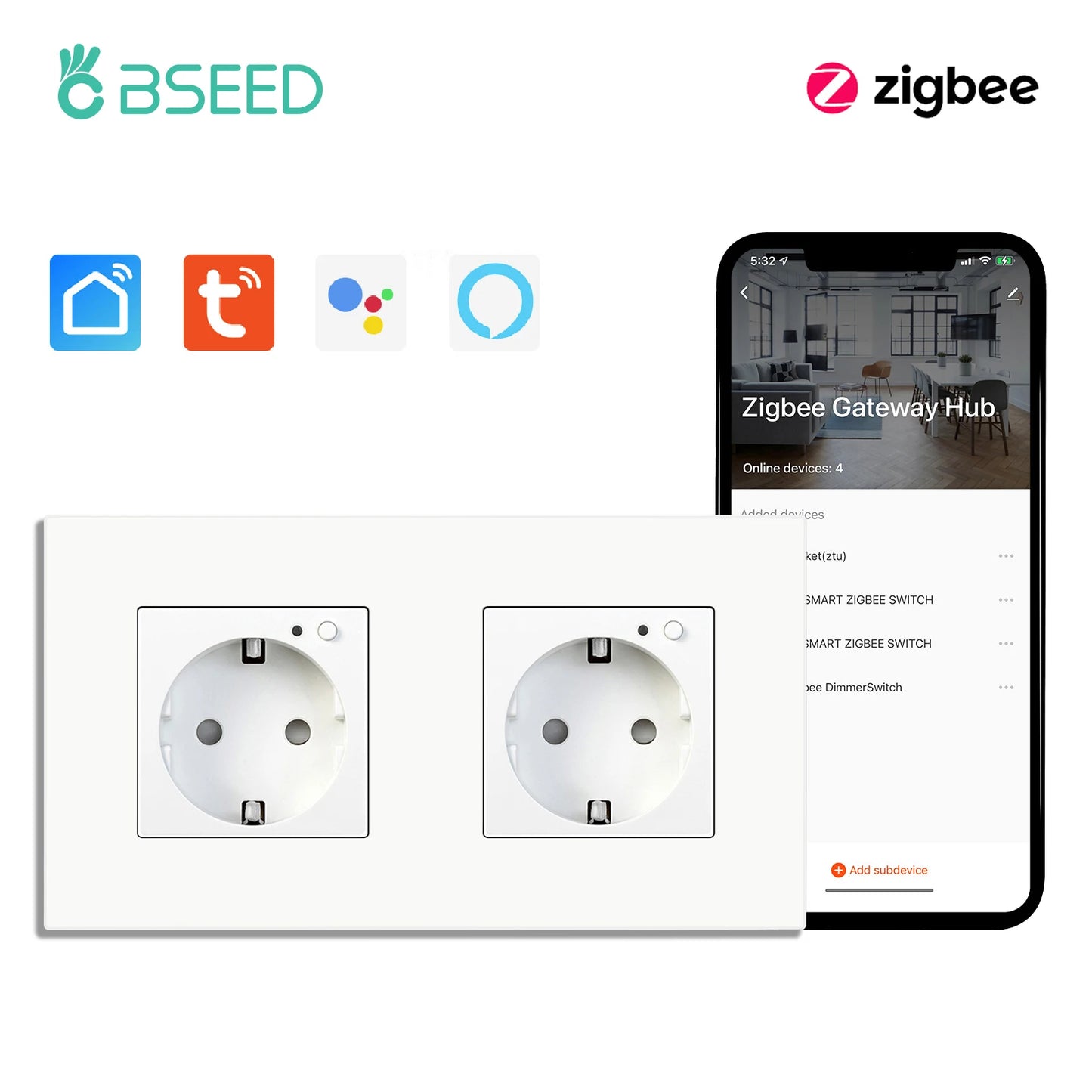 BSEED Einzelne ZigBee-Wandsteckdosen, Energiemonitor, doppelte Smart Meter-Steckdosen, Google Smart Life App, Alexa, Dreifachsteckdosen, EU-Kunststoff.