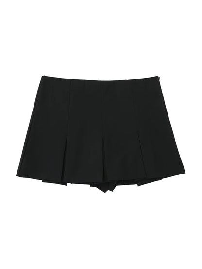 Women Fashion With Pleated Shorts Skirts Vintage High Waist Side Zipper Female Skort Mujer.