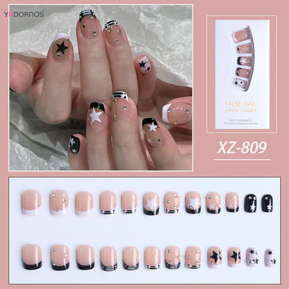 Short Square Fake Nails Y2K Style Nails Press on White/Black French Tips Star Diamond Designs False Nails for y2k Girls 24Pcs.