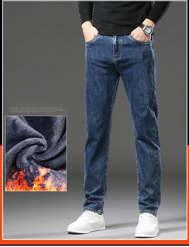 Winter Fleece Thick Warm Jeans Men's Slim Straight Elastic Denim Pants Casual Male Clothing Fashion Plush Trousers.