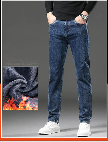 Winter Fleece Thick Warm Jeans Men's Slim Straight Elastic Denim Pants Casual Male Clothing Fashion Plush Trousers.
