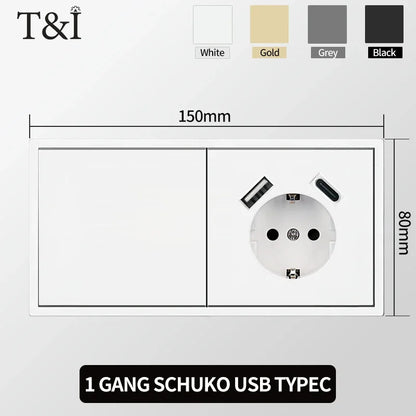 Europäische Wandsteckdose, EU-Steckdose, USB-Typ-C-Ladeanschlüsse, 1/2-Gang-Lichtschalter, 16 A 250 V, Unterputzmontage, weißes Panel, 80 x 80 mm