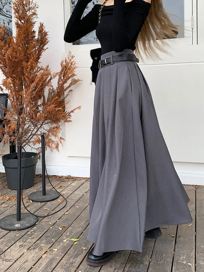 Qiukichonson Grey Midi Long Skirts Womens Maxi Skirt 2023 Autumn Winter Suit Skirt Goth Lolita High Waist Ruffle Pleated Skirts