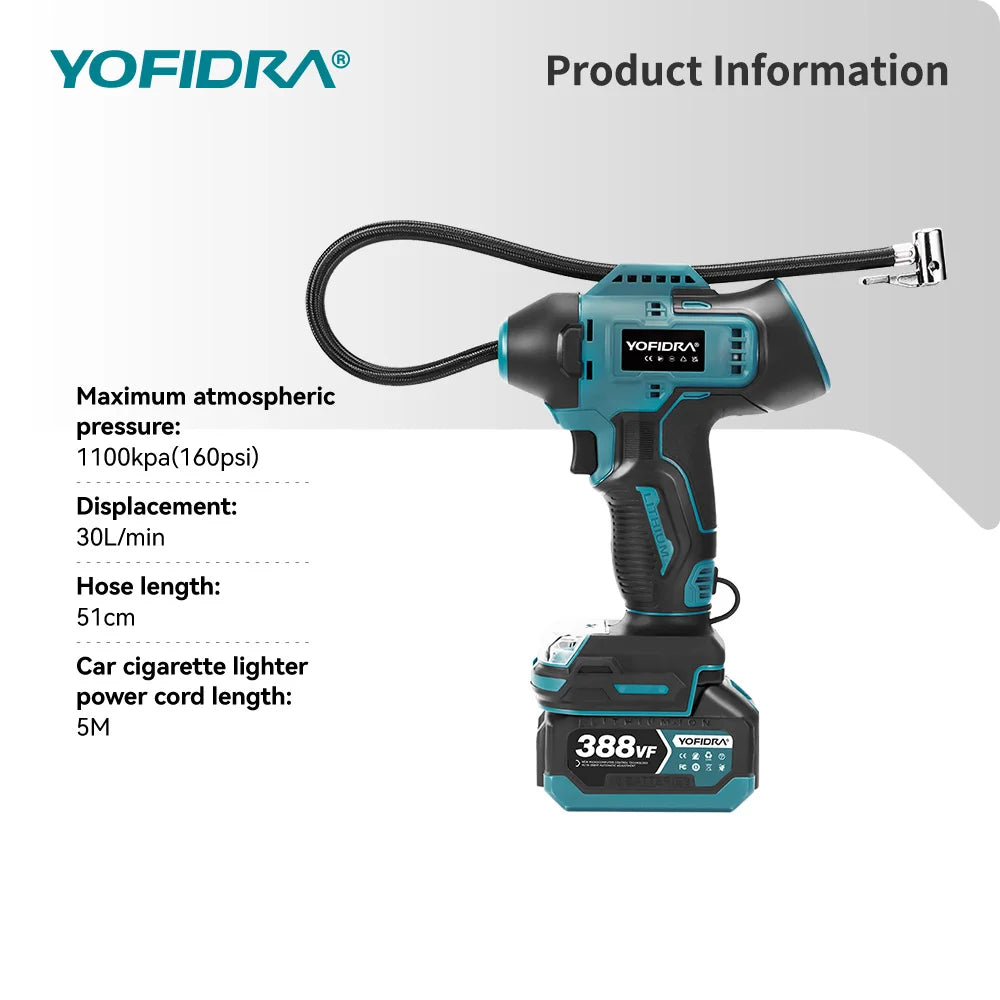 YOFIDRA Aufblasbare Elektrische Luftpumpe Digital Display Auto Reifen Inflator Automatische Luft Inflator Power Tool Für Makita Batterie Pin