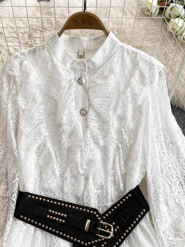 Neue Frühling Herbst Spitze Kleid für Frauen Weiß Schwarz Elegante Taille Langarm Stil Geburtstag Party Kleid Weibliche C186.