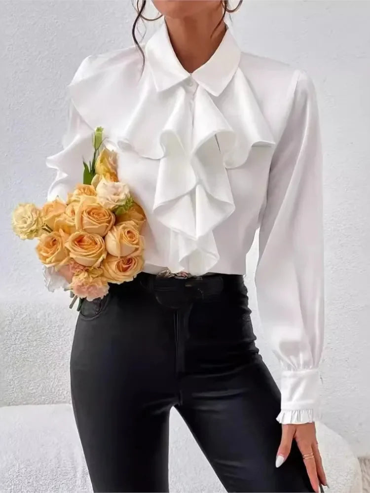 Spring Autumn Shirts Fashion White Ruffled Elegant Blouse Tops Women New Long Sleeve Lapel Woman Shirt Solid Office Ladies Tops.