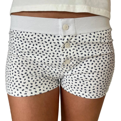 Combhasaki Womens Loungewear Shorts Y2K Vintage Elastic Low Waist Button Closure Graphic Printed Aesthetic Slim Fit Bottoms.