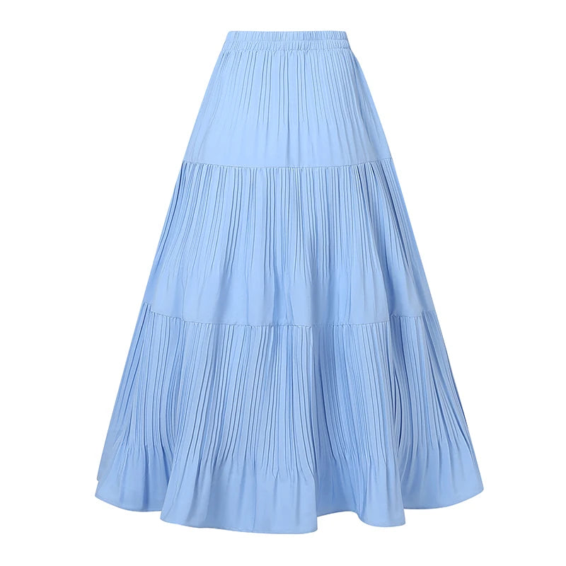 2025 ZANZEA Oversized Summer Maxi Skirts Women Elastic Waist Pleated Long Skirt Casual Solid Color High Waist Ruffled Skirts.