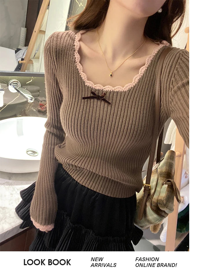 HOUZHOU Vintage Elegante Kokette Gestrickte Pullover Frauen Koreanischen Stil Cuteore Sexy Bogen Patchwork Quadrat Kragen Dünne Strickjacke 2025.