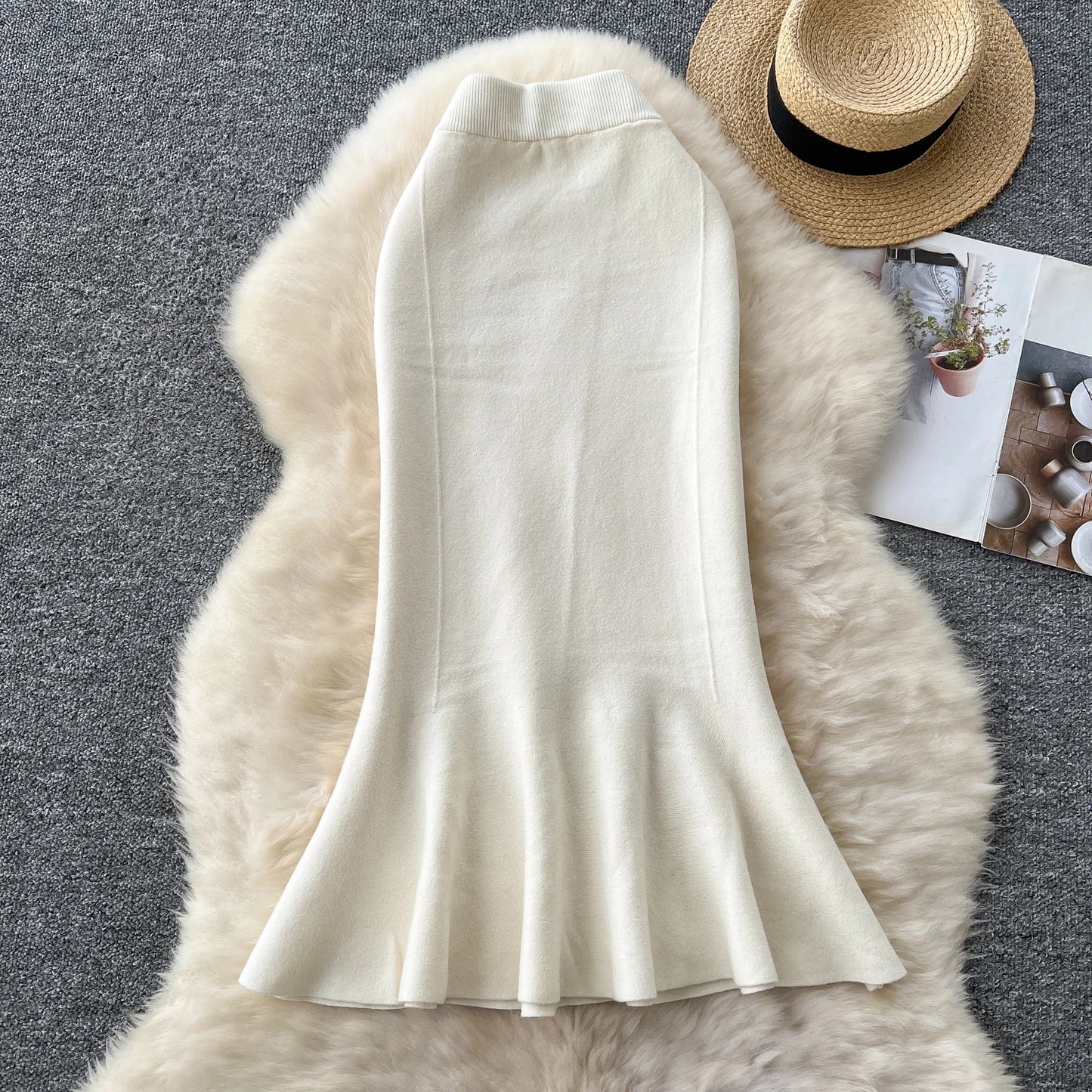 High Waisted Vintage Knitted Skirt Women Ruffled Slit Fishtail Office Midi Skirts Autumn Winter Woolen Skirt.