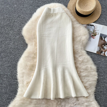 High Waisted Vintage Knitted Skirt Women Ruffled Slit Fishtail Office Midi Skirts Autumn Winter Woolen Skirt.