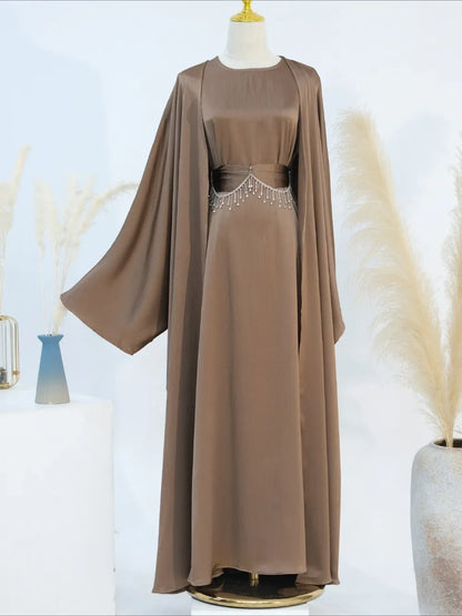 Ramadan Muslim Women 2 Piece Set with Chain Party Dresses Abaya Eid Jalabiya Sashes Diamond Morocco Dubai Kaftan Cardigan Robe