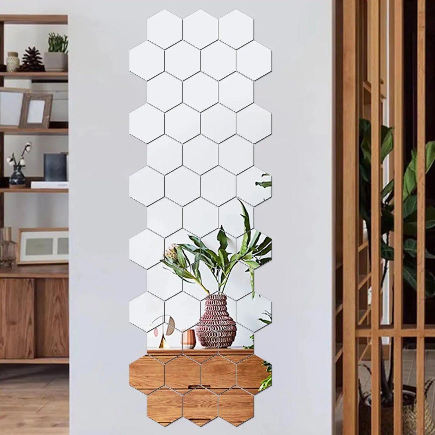 12PCS/Lot Removable Geometric Mirror Wall Stickers - Solid Hexagonal Shape, DIY with Built-in Adhesive for Home Decoration.