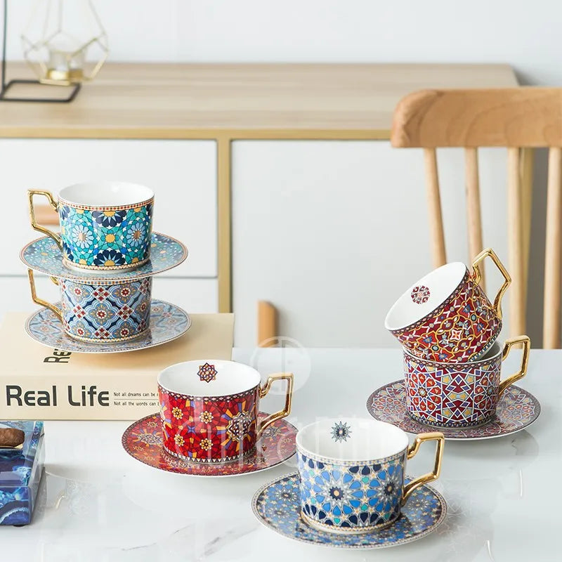 Luxury Coffee Cup and Saucer Set for Cappuccino, Latte, Espresso, Moroccan Style, Ceramic Tea Cup, Kitchen Tool, House Warming.