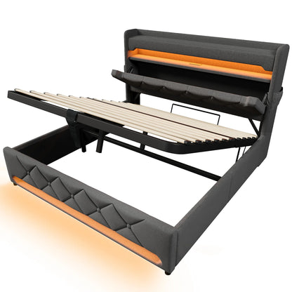 KOMHTOM Doppelbett Leinen, mit USB und Typ C-Port, 360-Surround-LED-Funktion, Hydraulischer Stauraum, ohne Matratze