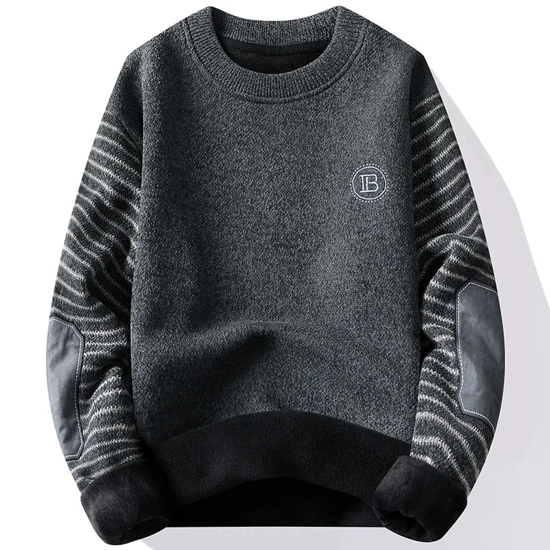 Men's Sweater Patckwork Round Neck Pullovers Fleece Lined Thick Warm Winter Knitwear Fashion Jumpers Men's Clothes