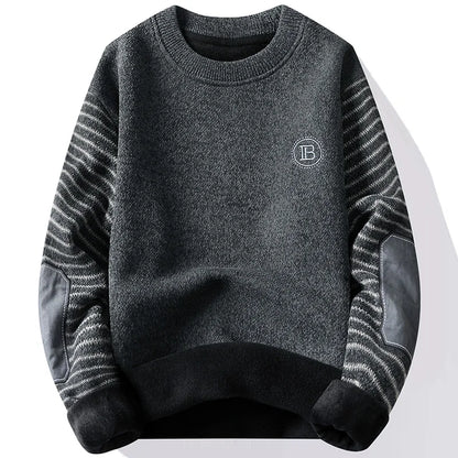 Men's Sweater Patckwork Round Neck Pullovers Fleece Lined Thick Warm Winter Knitwear Fashion Jumpers Men's Clothes