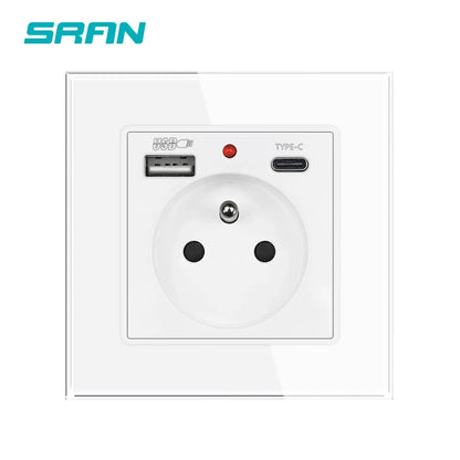SRAN Französische USB-Wandsteckdose 5 V 2,1 A, Kristall-Hartglasscheibe 16 A 220 V 82 x 82 mm Steckdose Frankreich-Standard mit Abdeckung