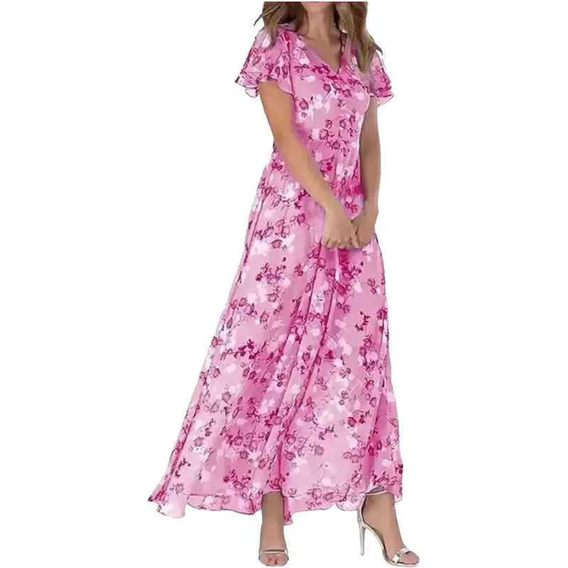 Frauen Elegante Blume Langes Kleid Casual Rüschen Kurzarm V-ausschnitt Spitze-up Party Kleider 2025, Boho Stil Hohe taille Kleid Weibliche.