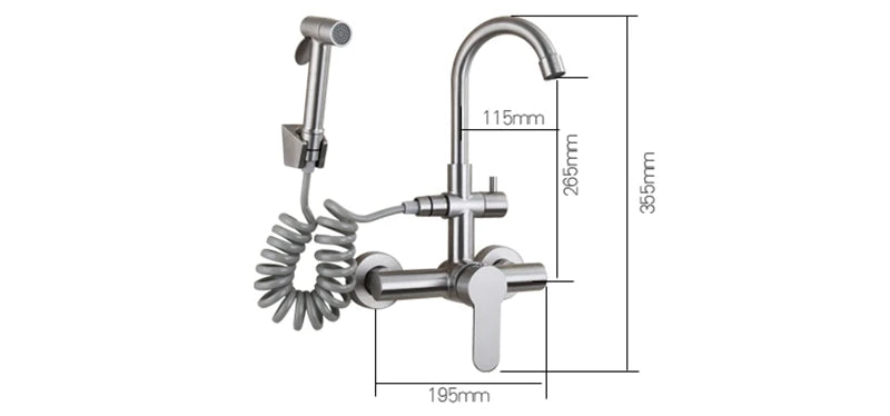 Kitchen Faucet Stainless Steel Double Hole Hot and Cold Mixing Tap Wall Mount Balcony Laundry Swivel Tap With Spray Gun 주방수전