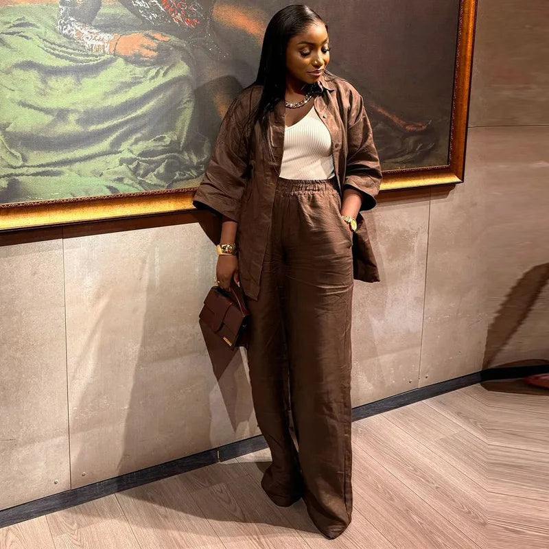 Cotton Linen Set Women Spring Summer Loose Oversize Long Sleeve Shirt Long Pants 2 Piece Sets Casual Office Ladies Trousers Suit.