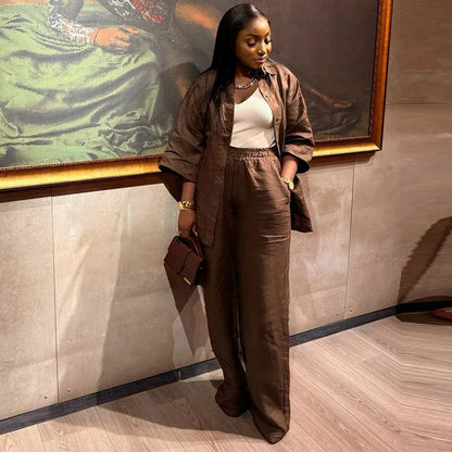 Cotton Linen Set Women Spring Summer Loose Oversize Long Sleeve Shirt Long Pants 2 Piece Sets Casual Office Ladies Trousers Suit.