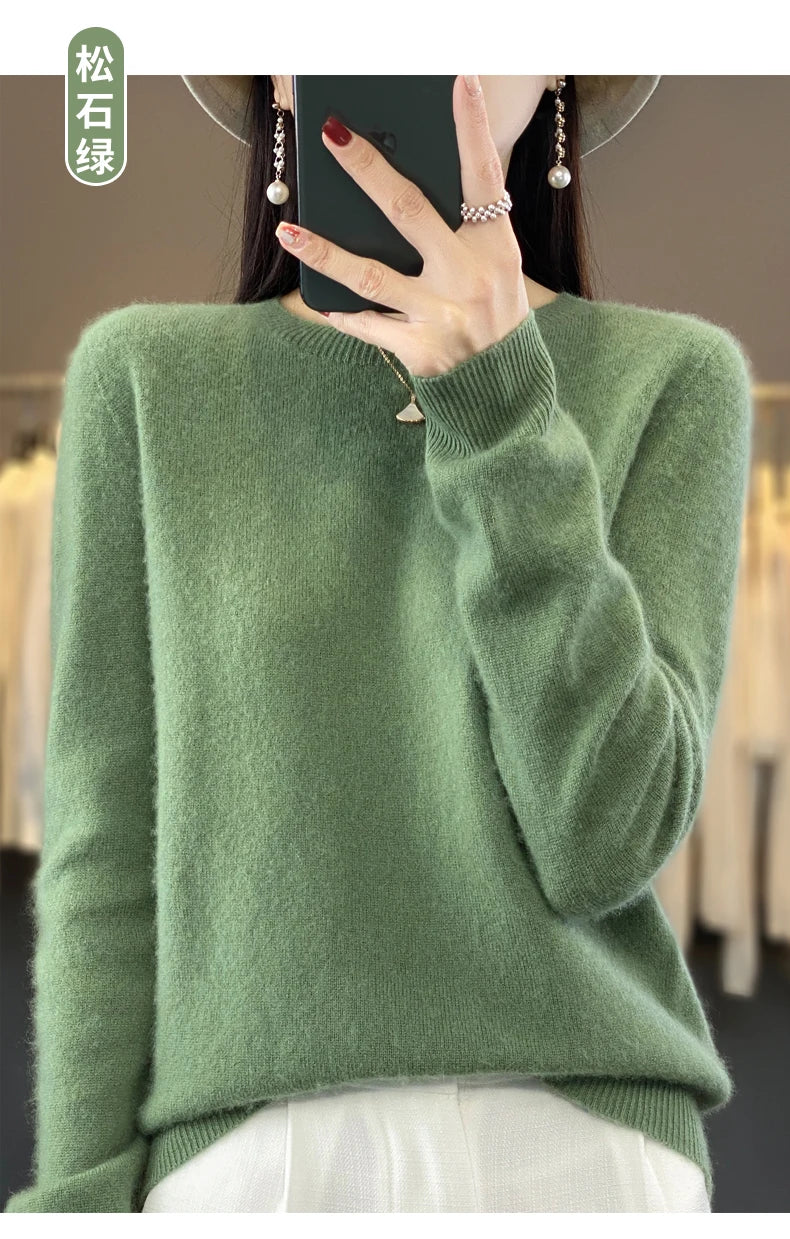 100% Merino Wool Sweater Women O-neck Cashmere Knitwear Female Pullover Autumn Winter Casual Tops Solid Color Soft  Clothing