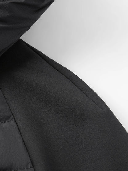 FSLE Patchwork Leichte Stretch-Strick-Kapuzenjacke 2025, Winter, Neuankömmling, schwarze kurze Daunenmäntel.