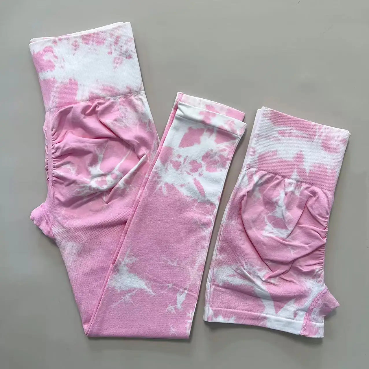 2 PCS Women Athletic Gym Leggings + Shorts Tie Dye Sports Workout Yoga Tights Butt Lifting Scrunch High Waist Yoga Pants.