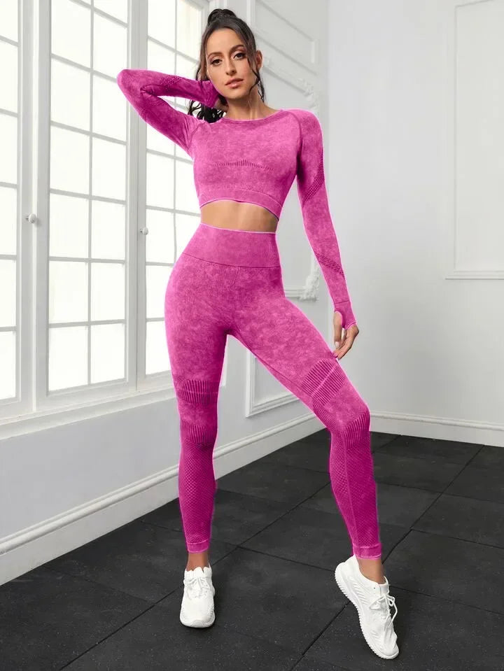 2 Piece Acid Wash Gym Set Women Seamless Long Sleeve Leggings Tracksuit Sports Fitness Suit Scrunch Workout Clothes Yoga Outfits.