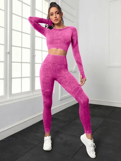 2 Piece Acid Wash Gym Set Women Seamless Long Sleeve Leggings Tracksuit Sports Fitness Suit Scrunch Workout Clothes Yoga Outfits.