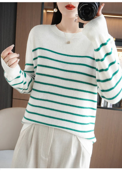 Herbst Winter neue Frauen O-Ausschnitt Farbe Streifen Pullover Wolle Mischung Mode weichen warmen Pullover Kaschmir lose lässig Strick Base Top