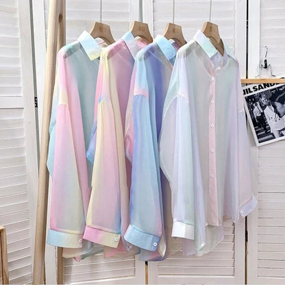 Irregular Gradient Rainbow Long Sleeved Shirt And Blouses Thin Youthful Women's Clothing Loose Top Pink Casual Transparent New.