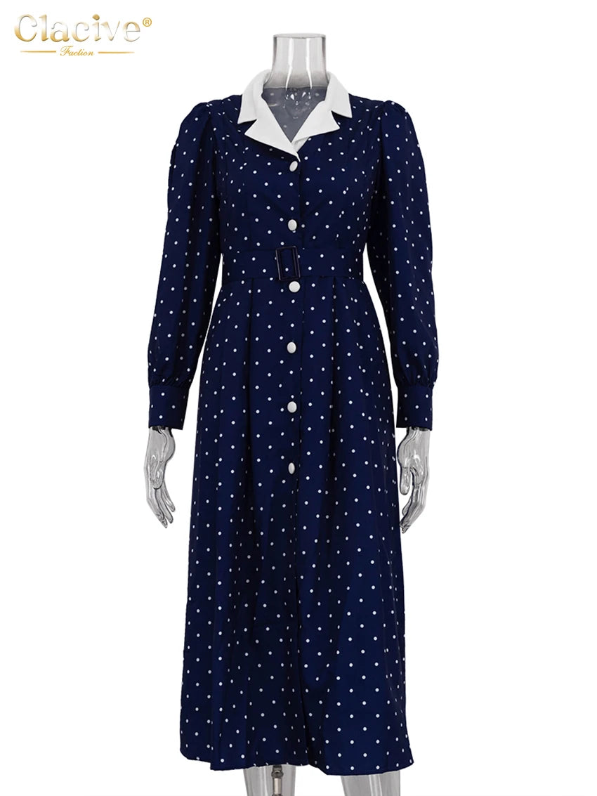 Clacive Mode Lose Druck Frauen Kleid 2025, Casual Revers Langarm Büro Dame Midi Kleider Elegante Klassische Gürtel Weibliche Kleid.