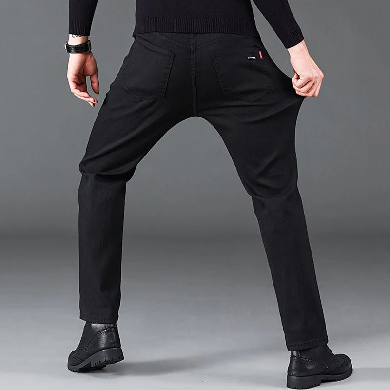 Men Business Denim Pants Male Classic Casual Straight Leg Slim Fit Trousers Elastic Solid Smoke Gray Pants.
