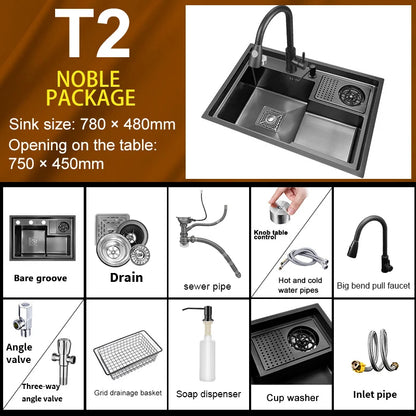 Stainless Steel Kitchen Sink Stepped Large Single Slot Wash Dish Vegetables Basin Multifunctional With Cup Washer Knife Holder