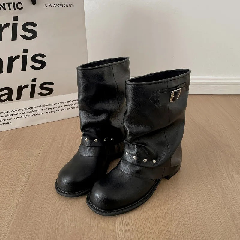 Winter Pleated Women Western Ankle Boots Fashion Rivet Belt Buckle Shoes Ladies Concise Vintage Thick Heel Short Booties