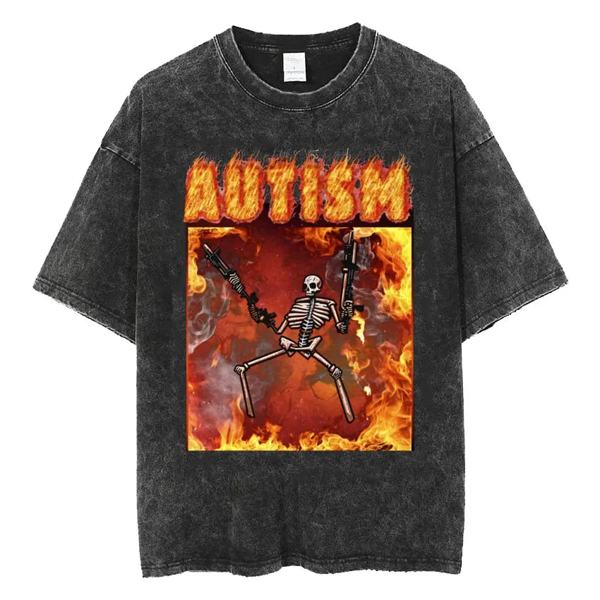 Autism Skeleton Meme T Shirt Human Funny Skull Men Women Harajuku Gothic Vintage Washed T Shirts Oversized Casual Cotton T-shirt.