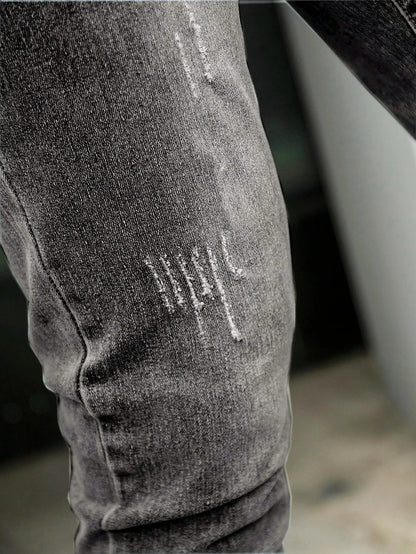 1 Piece of Men's Four-Season Snowflake Washed Fashion Jeans, Stretch Slim Fit Light Gray Dark Black Casual Denim Pants, Normcore and Fashionable, Suitable for Everyday Wear.