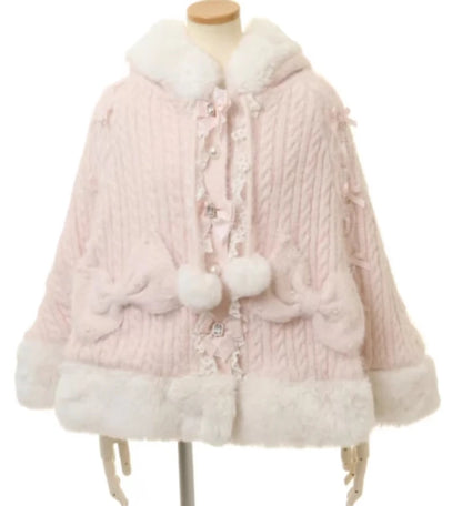 Japanische Liz Süße Prinzessin Faux Kaninchen Fell Cape Mantel Frauen Herbst Winter Pelz Jacke Lose Uhr Strass Bogen Mit Kapuze Mantel