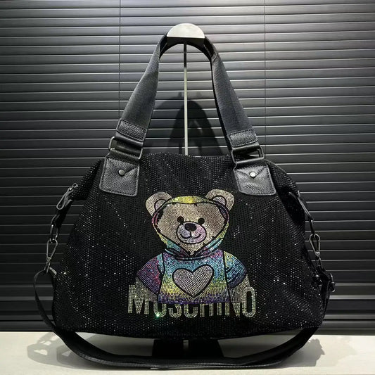 Ladies' fashionable diamond jewelry cute teddy bear handbag, large capacity, personalized, elegant, shiny shoulder bag.